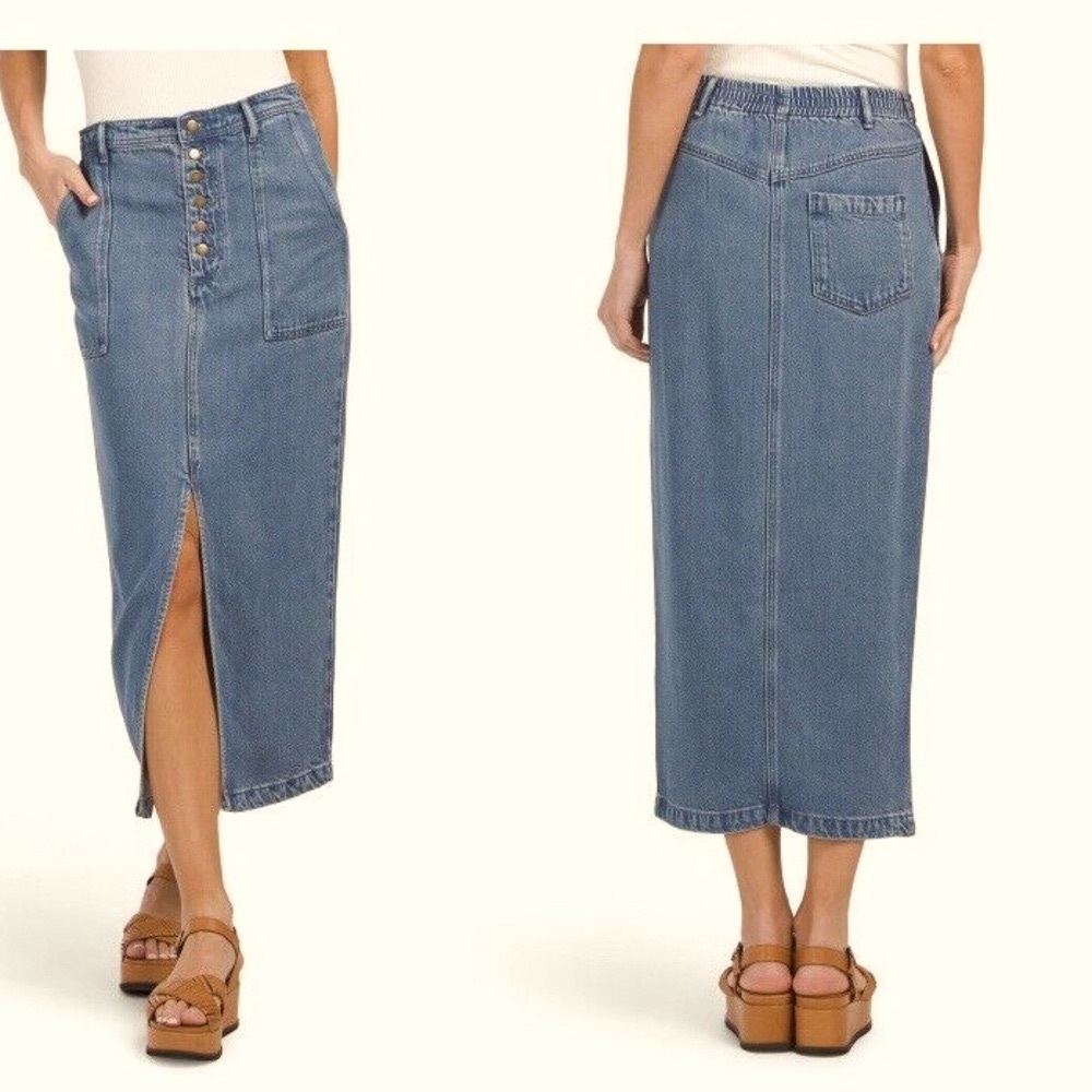 YFB YOUNG FABULOUS AND BROKE Women’s Stretch Denim Maxi Skirt W Slit EUC S